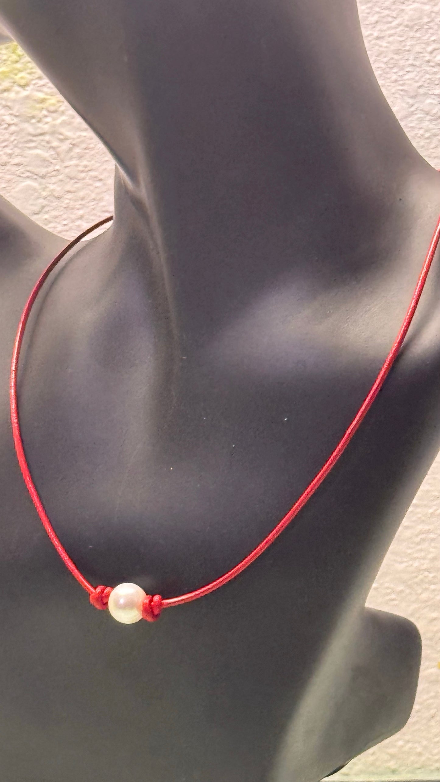 Single White Pearl Necklace, #15 Red Leather Cord