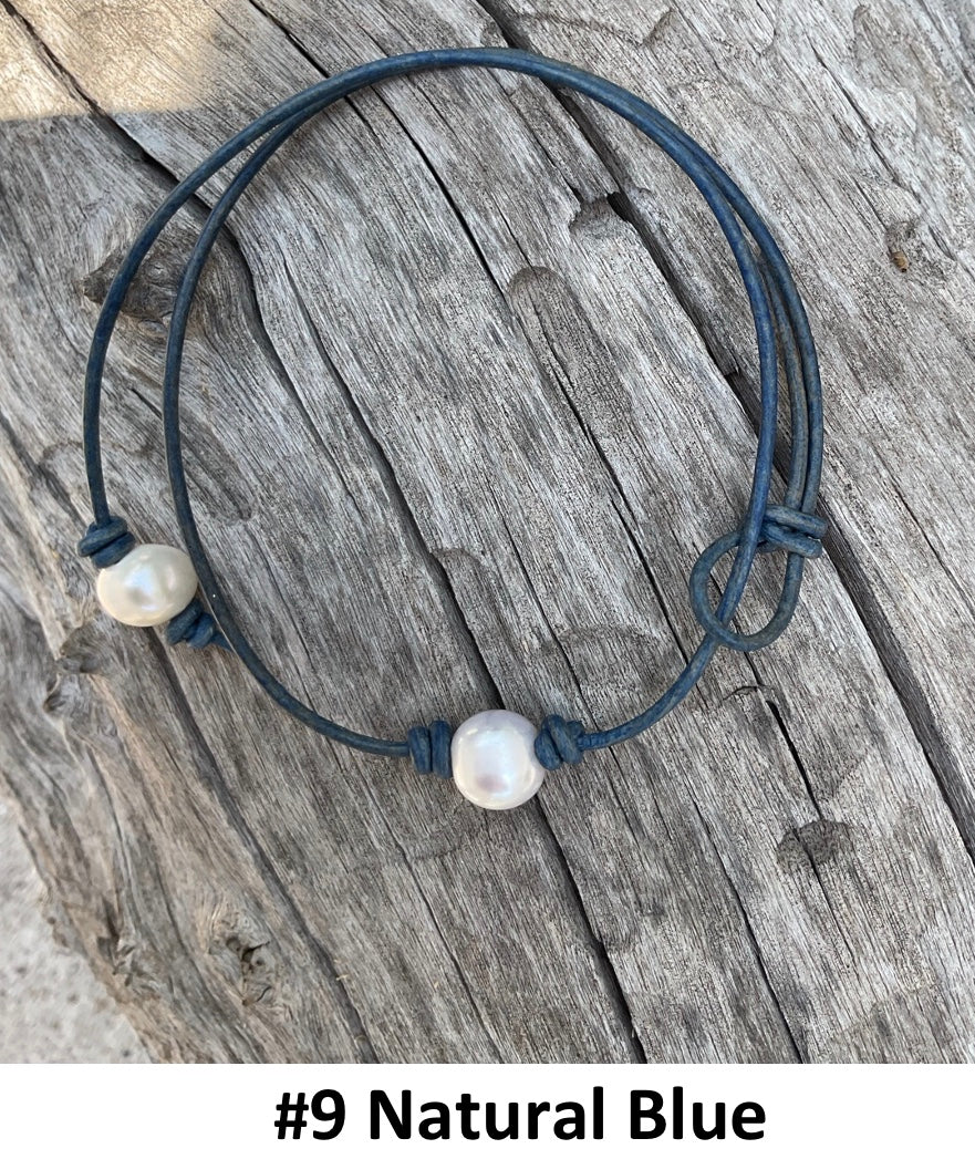 Single White Pearl Necklace, #9 Natural Blue Leather Cord