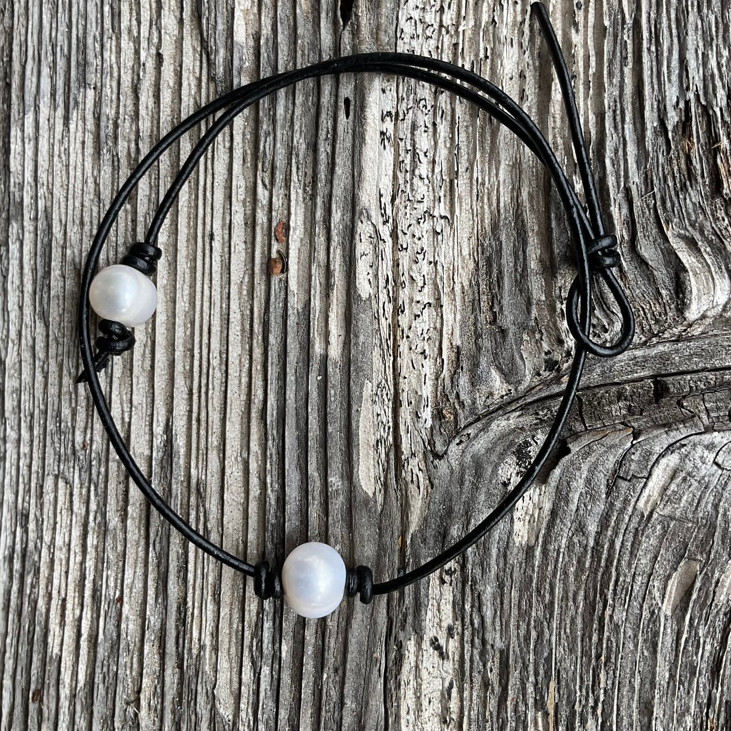 Single White Pearl Necklace , #5 Natural Black Leather Cord