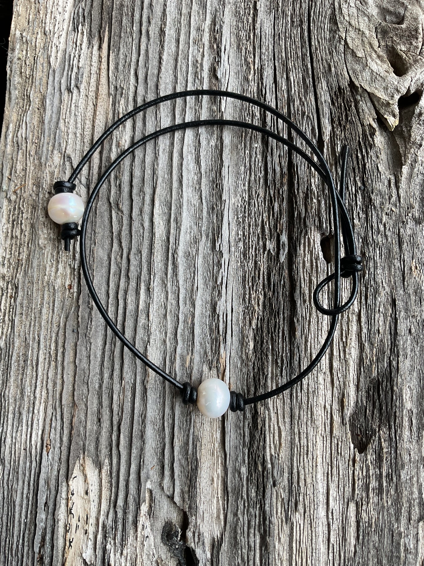 Single White Pearl Necklace, #1 Black Leather Cord