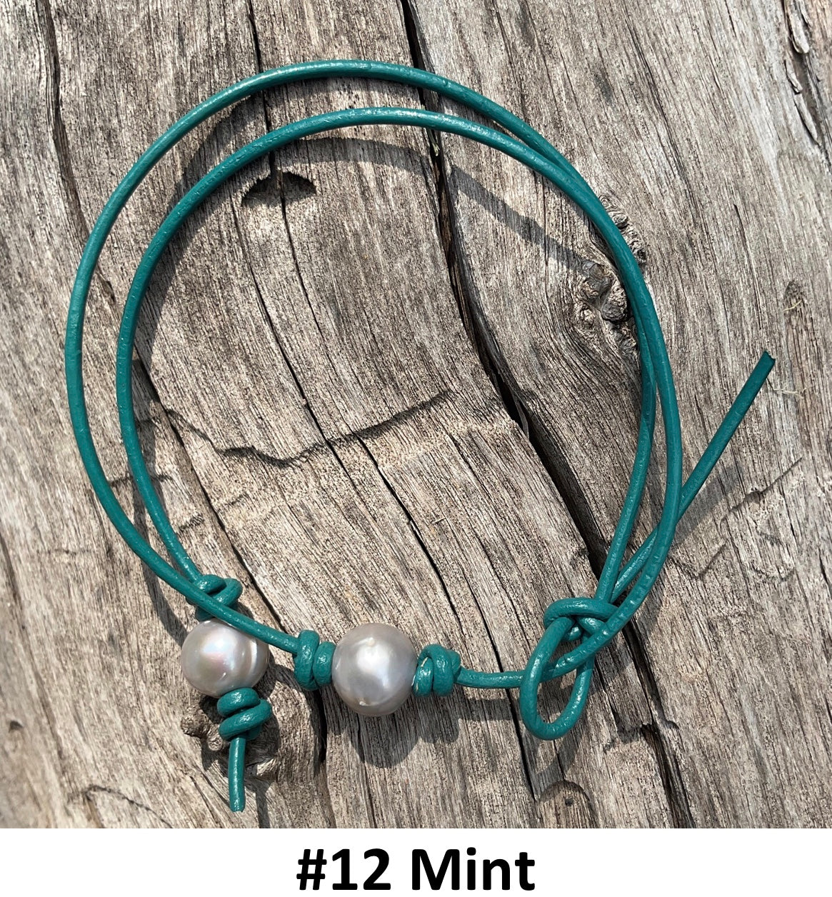 Single Gray Pearl Necklace, #12 Mint Leather Cord