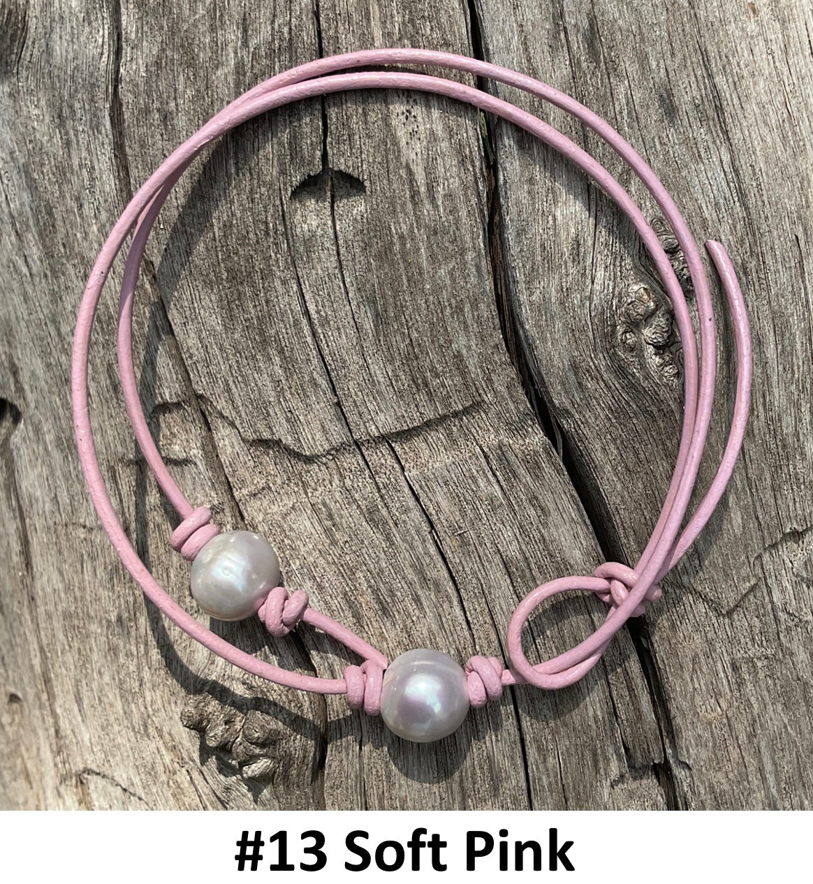 Single Gray Pearl Necklace,, #13 Soft Pink Leather Cord