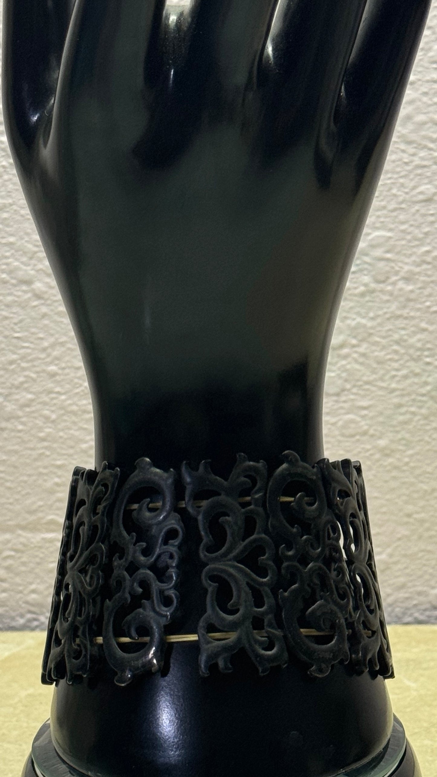 Artisanal Black Carved Openwork Stretch Cuff Bracelet with Gold-Toned Hardware