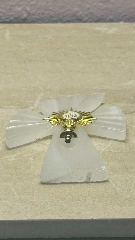 Eucharistic Monstrance Alabaster Table Cross with Gold JHS Sunburst Accent
