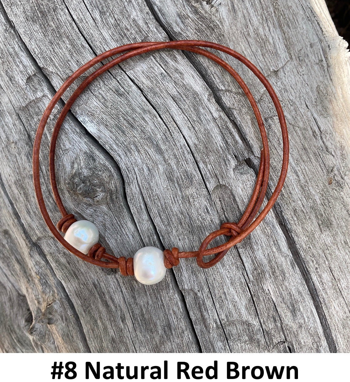 Single White Pearl Necklace, #8 Natural Red Brown Leather Cord