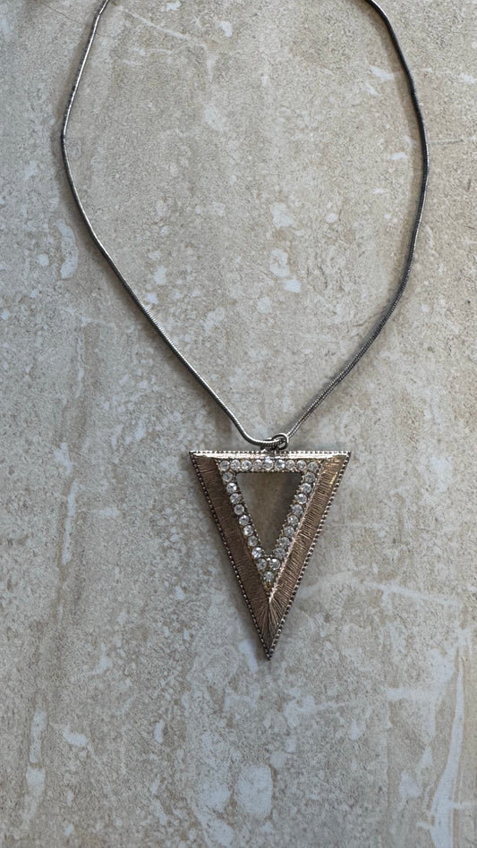 Rustic gold and diamond triangle pendant necklace 16”