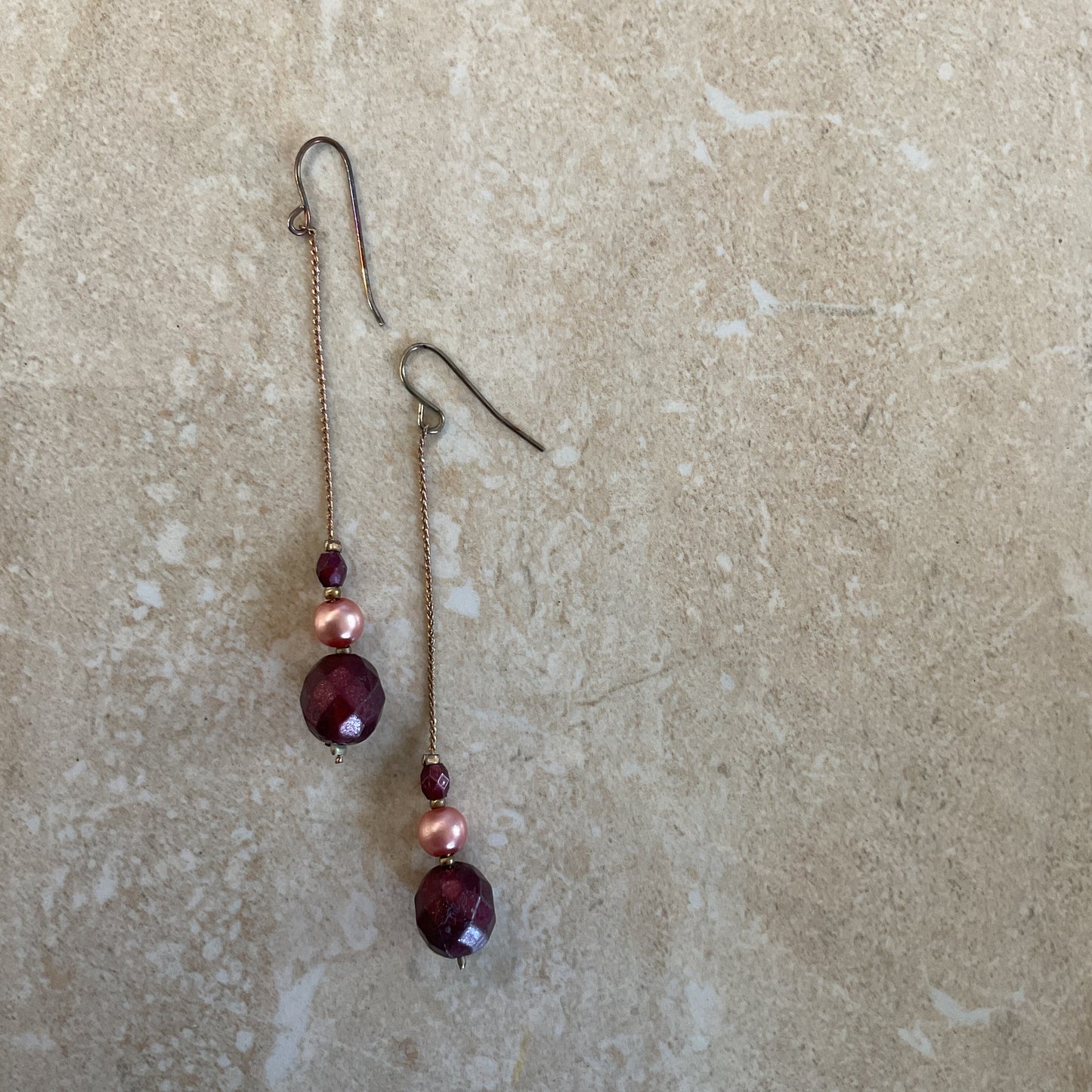 Long Chain and Deep Red and Pink Women’s Drop Earrings