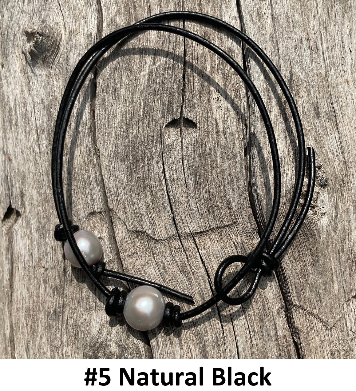 Single Gray Pearl Necklace, #5 Natural Black Leather Cord