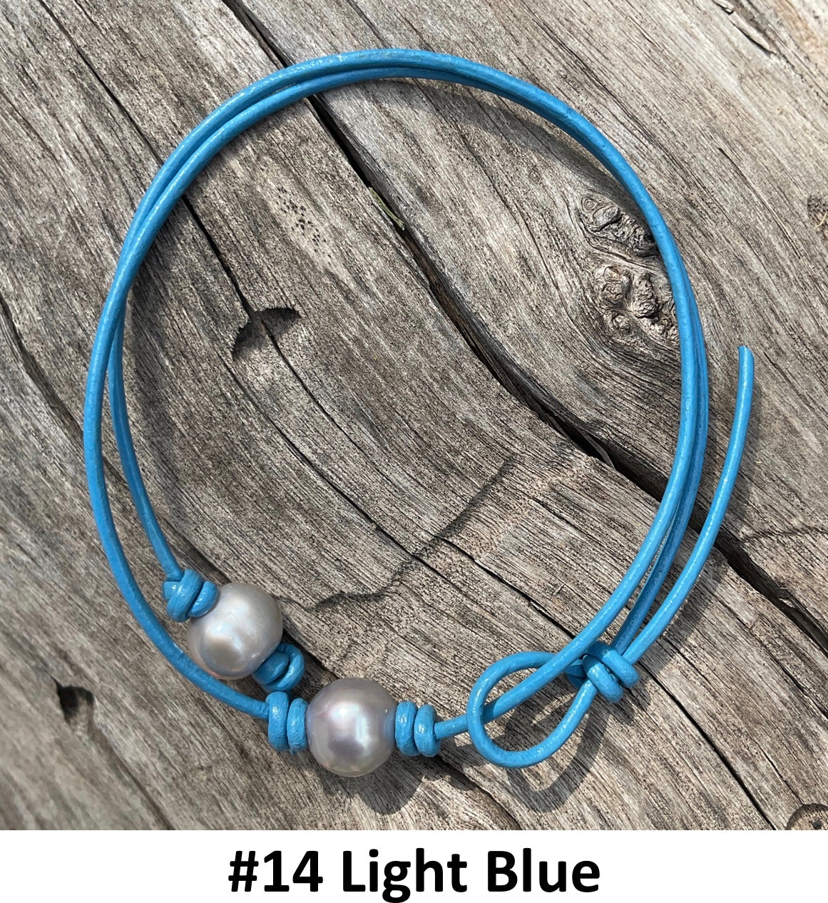 Single Gray Pearl Necklace, #14 Light Blue Leather Cord