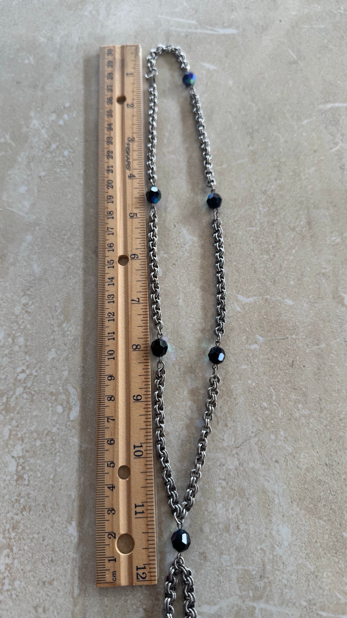 Vintage silver chan necklace with black charms 22” length