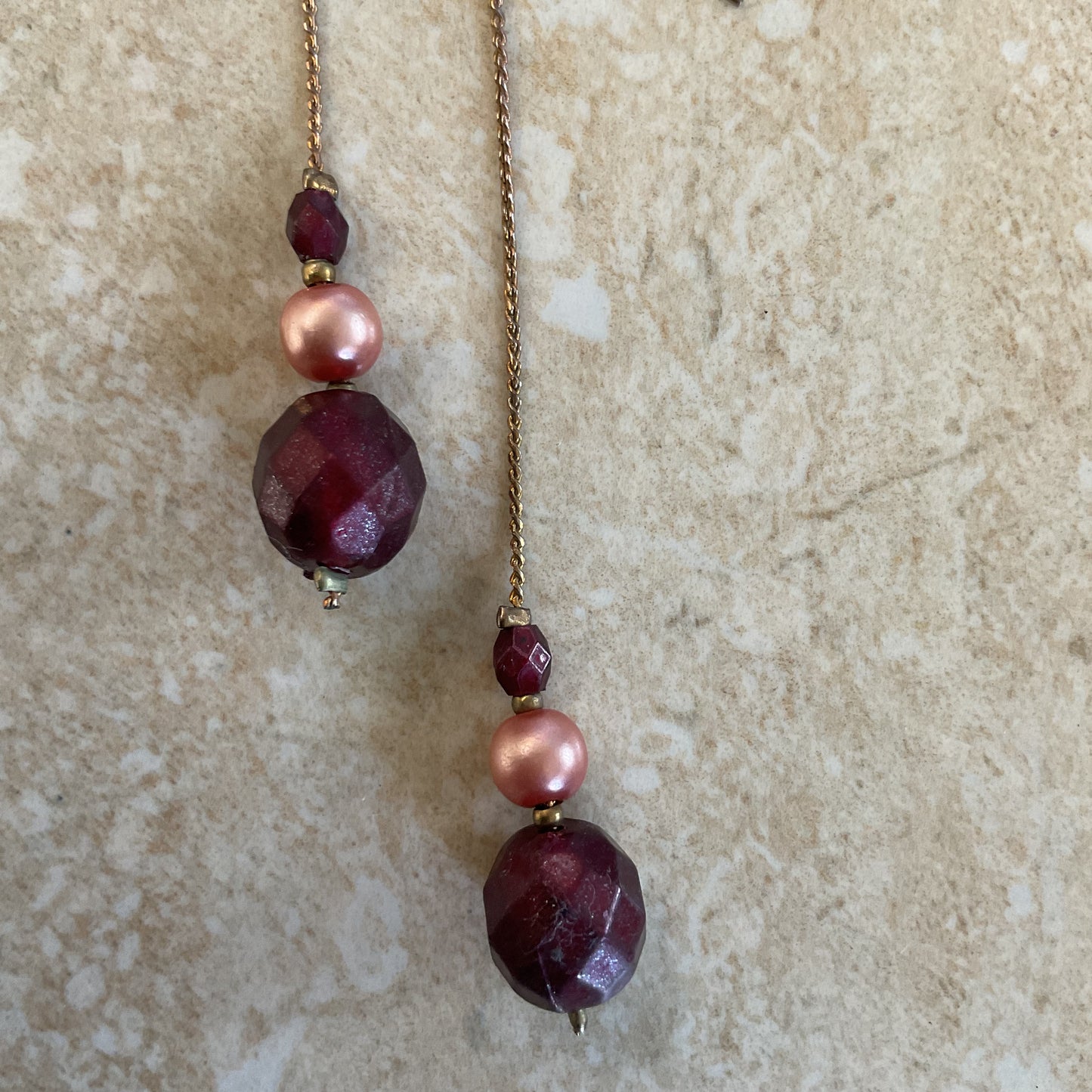 Long Chain and Deep Red and Pink Women’s Drop Earrings