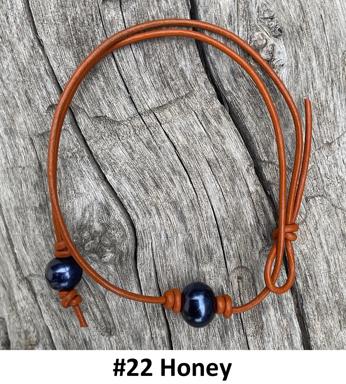 Single Black Pearl Necklace, #22 Honey Leather Cord