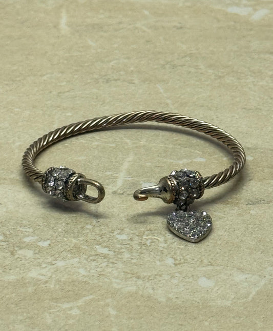 Vintage Twisted Cable Silver-Tone Cuff Bracelet with Rhinestone Accents and Pavé Heart Charm