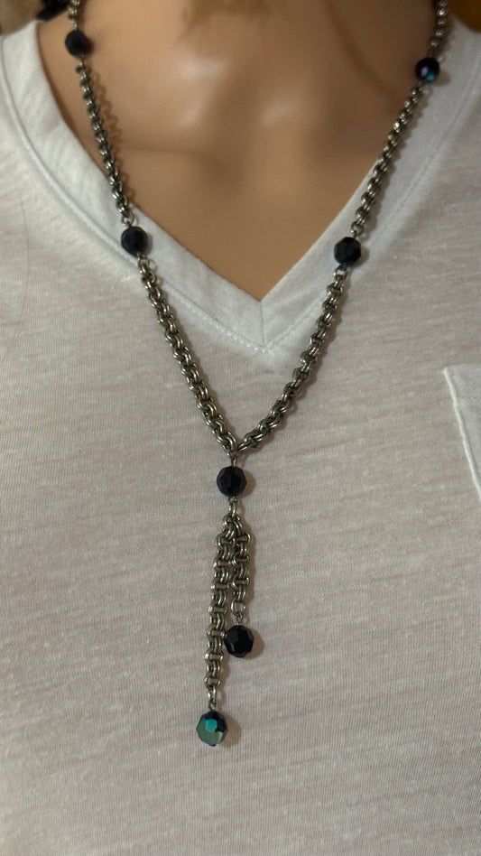 Vintage silver chan necklace with black charms 22” length