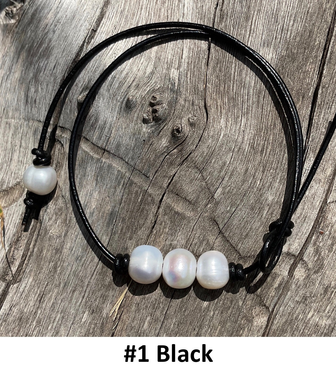 Triple White Pearl Necklace, #1 Black Leather Cord