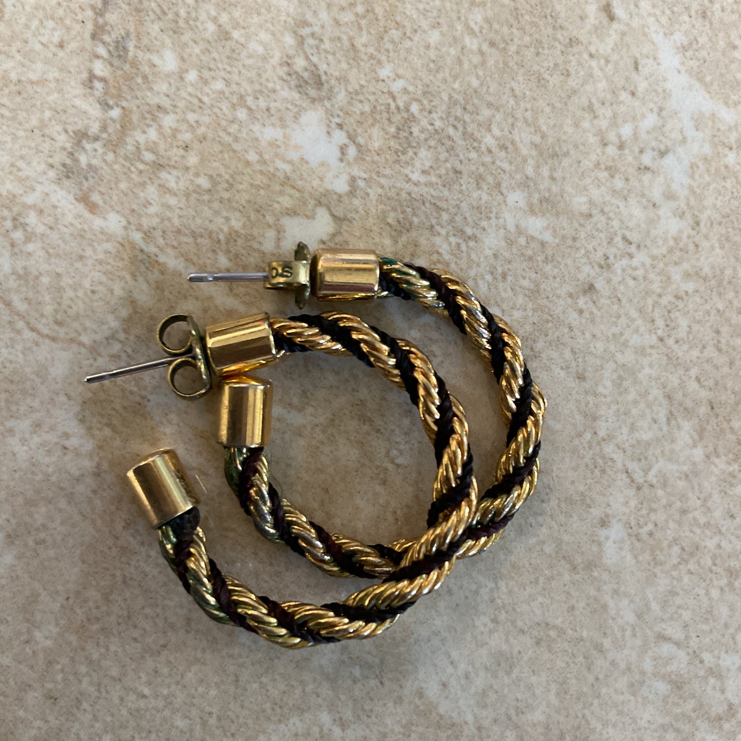 Vintage Gold-tone And Black Twisted Hoop Earrings.