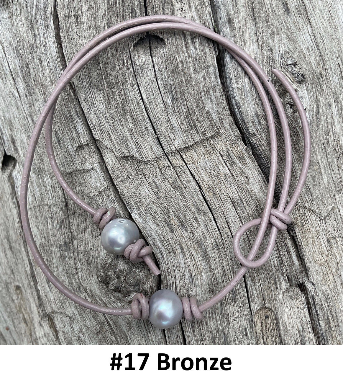 Single Gray Pearl Necklace, #17 Bronze Leather Cord