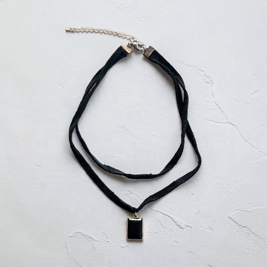 Black double string necklace with black rectangular pendant 14” length 2(1/2)” ext.