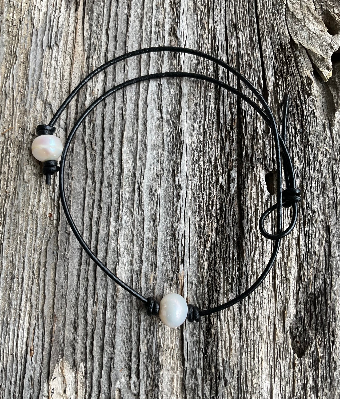 Single White Pearl Necklace, #1 Black Leather Cord