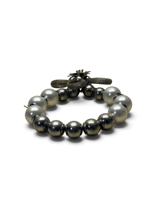 Silver Mesh Floral Bow Pearl Statement Bracelet