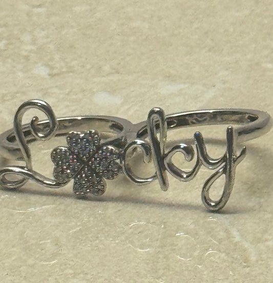 Palace Jewelers Two-Finger "Lucky" Script Ring with Pavé Four-Leaf Clover. SIVE 7 Sterling Silver