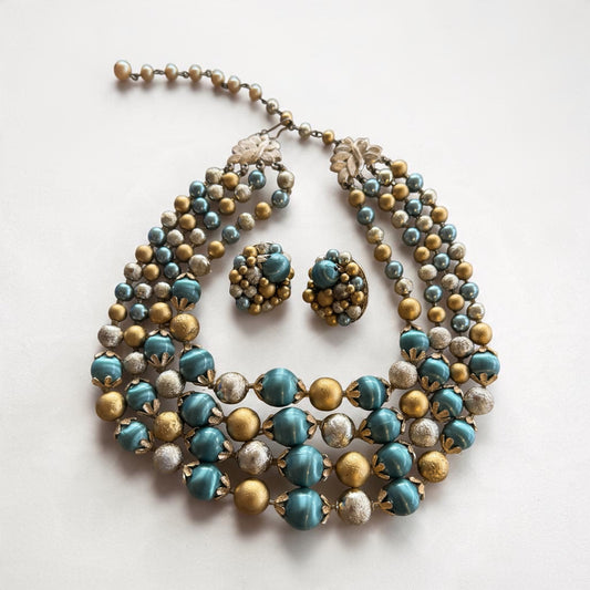 Teal Gold silver beaded necklace with matching earrings 16” length 4” extension