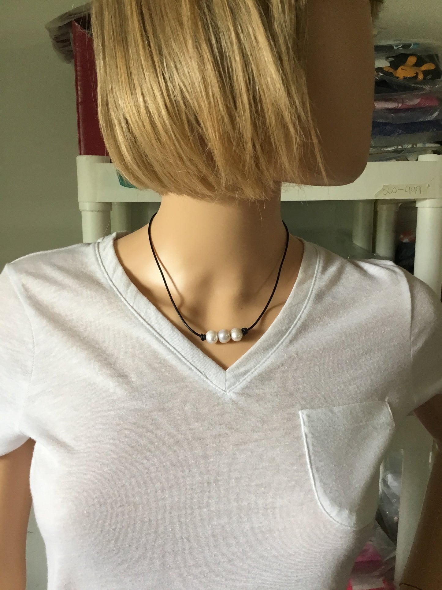 Triple White Pearl Necklace, #1 Black Leather Cord
