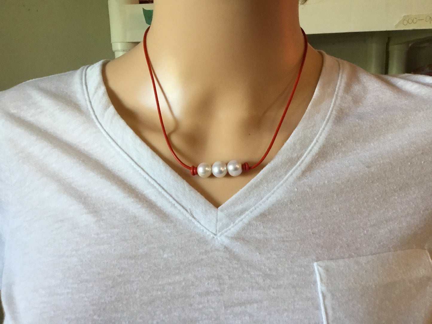 Triple White Pearl Necklace, #15 Red Leather Cord