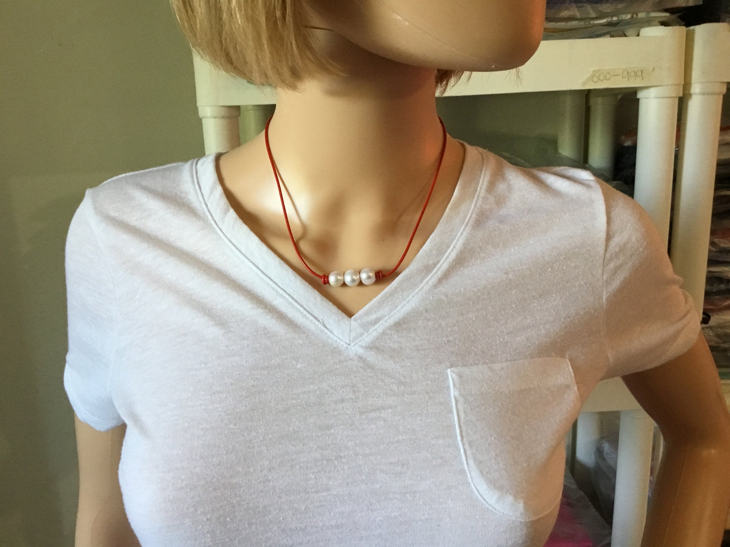 Triple White Pearl Necklace, #15 Red Leather Cord