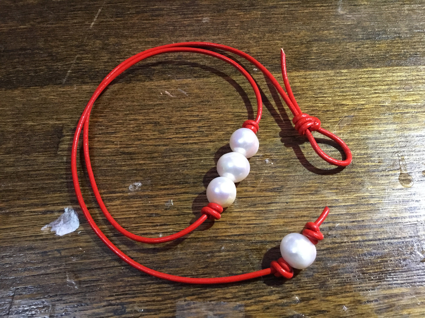 Triple White Pearl Necklace, #15 Red Leather Cord