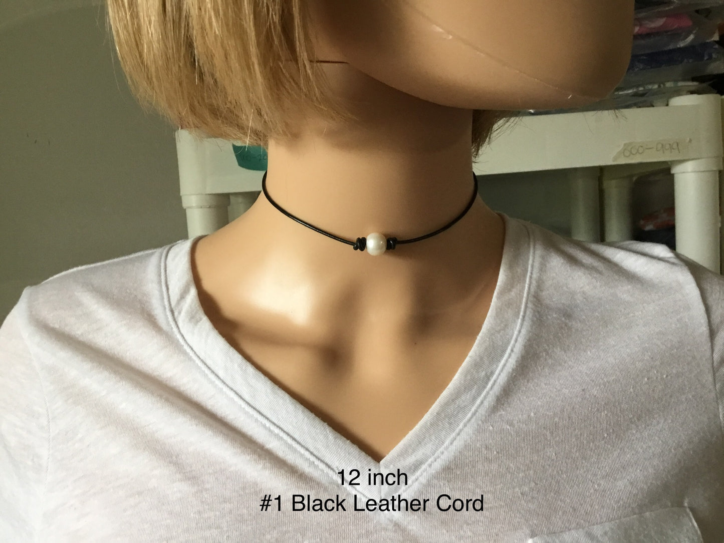 Single White Pearl Necklace, #1 Black Leather Cord