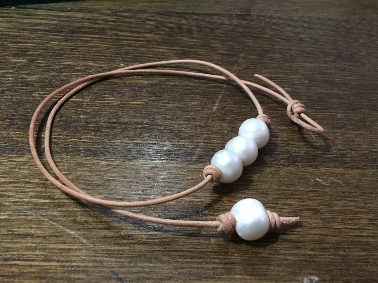 Triple White Pearl Necklace,, #2 Natural Leather Cord