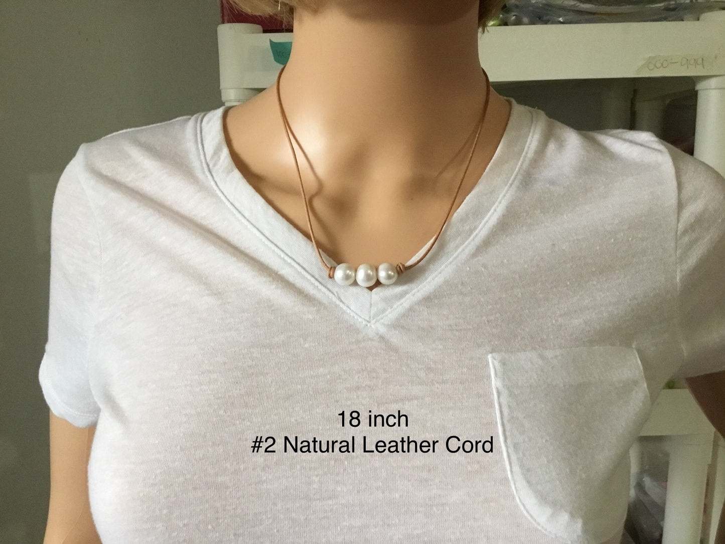 Triple White Pearl Necklace,, #2 Natural Leather Cord