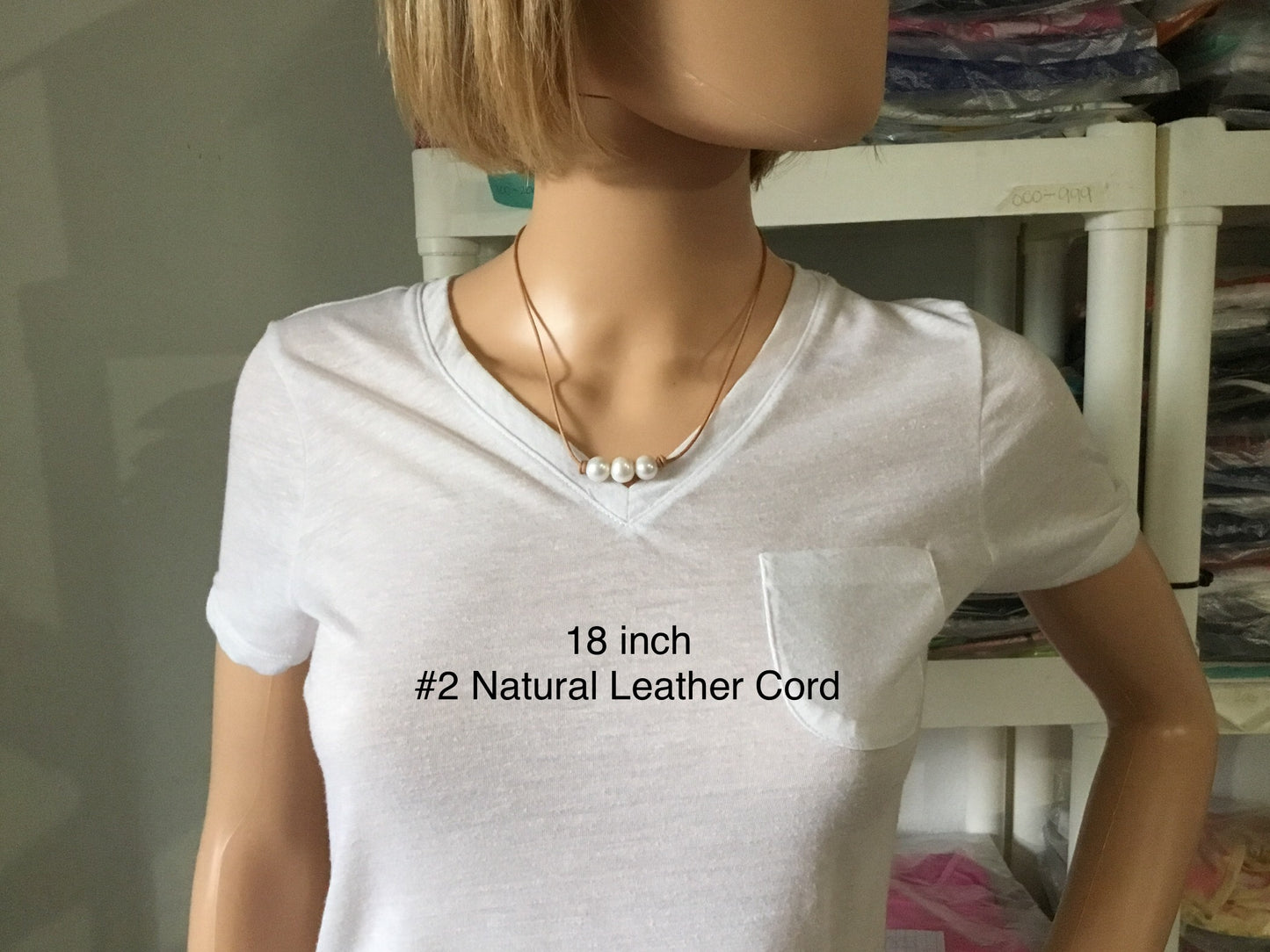 Triple White Pearl Necklace,, #2 Natural Leather Cord