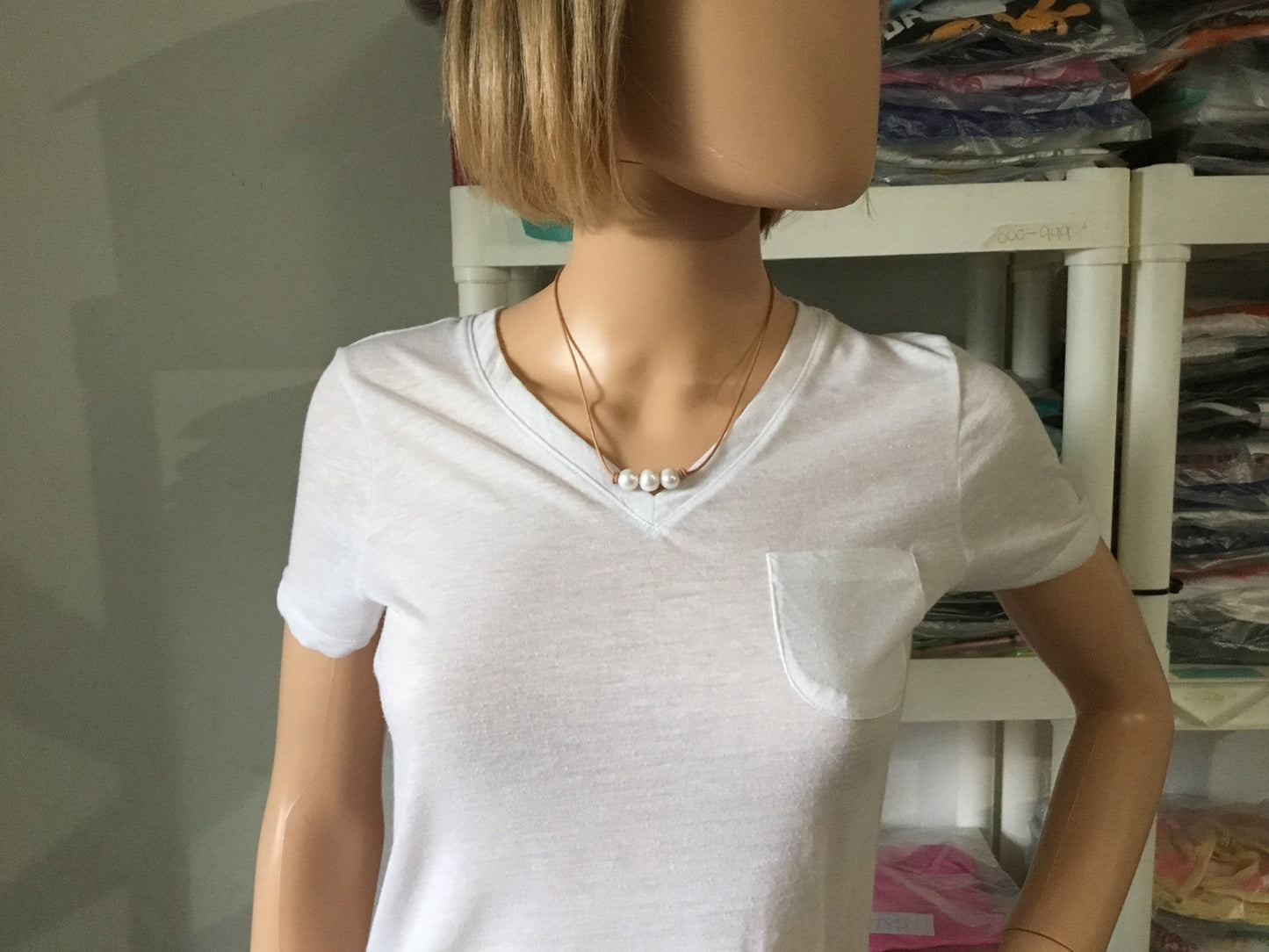 Triple White Pearl Necklace,, #2 Natural Leather Cord
