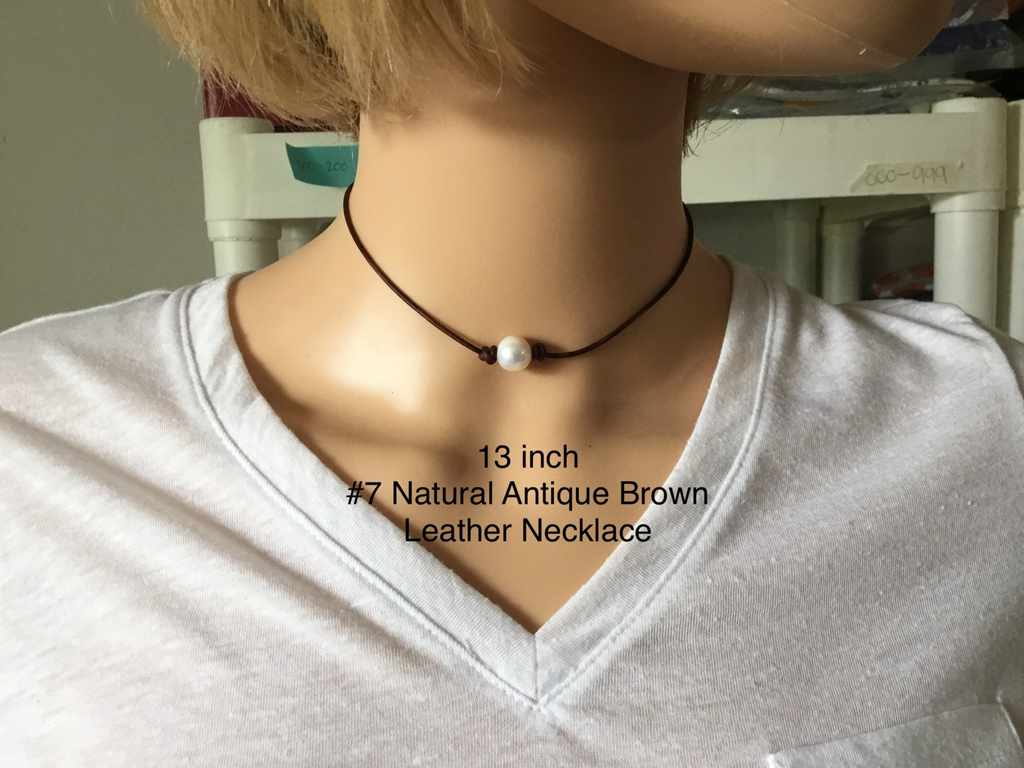 Single White Pearl Necklace, #7 Natural Antique Brown Leather Cord