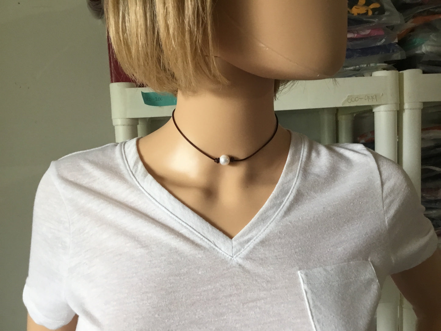Single White Pearl Necklace, #7 Natural Antique Brown Leather Cord