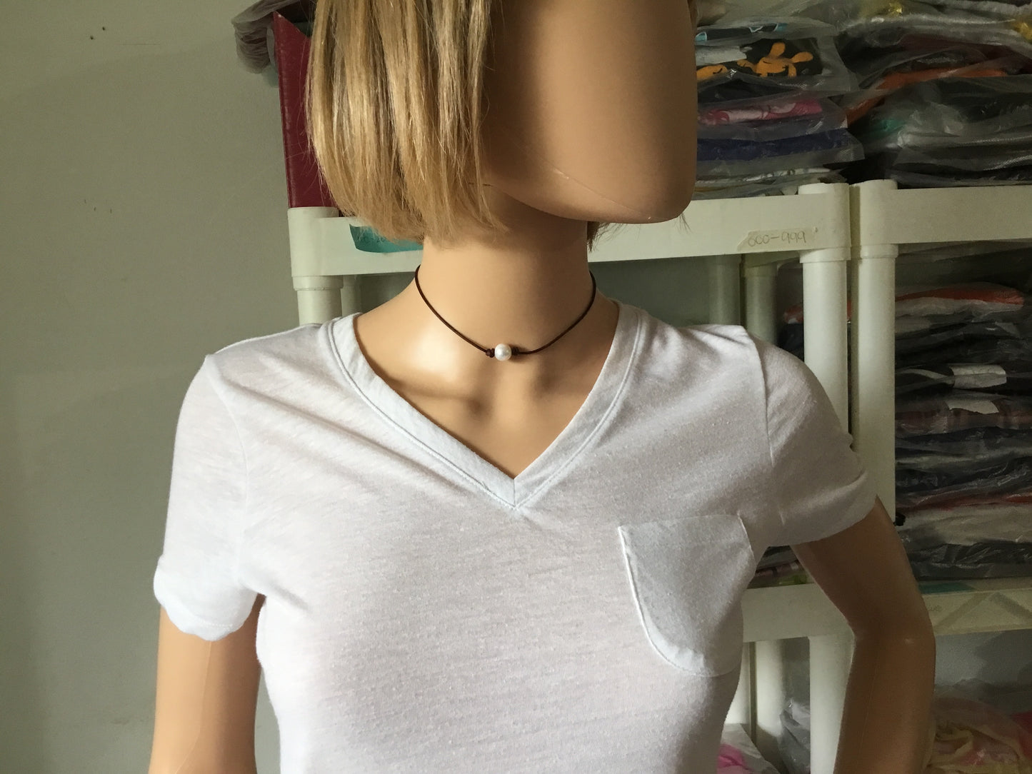 Single White Pearl Necklace, #7 Natural Antique Brown Leather Cord