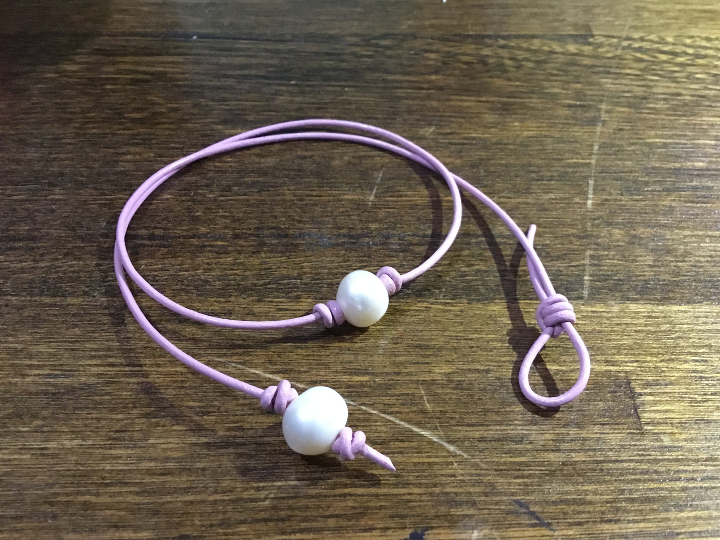 Single White Pearl Necklace, #13 Soft Pink Leather Cord