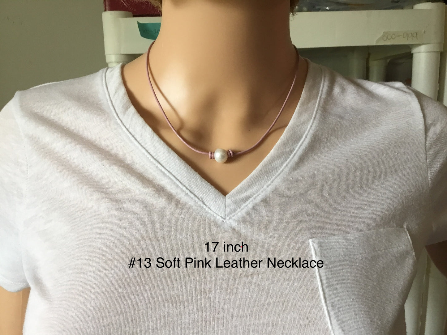 Single White Pearl Necklace, #13 Soft Pink Leather Cord