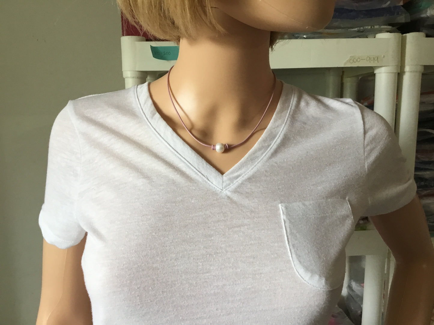Single White Pearl Necklace, #13 Soft Pink Leather Cord