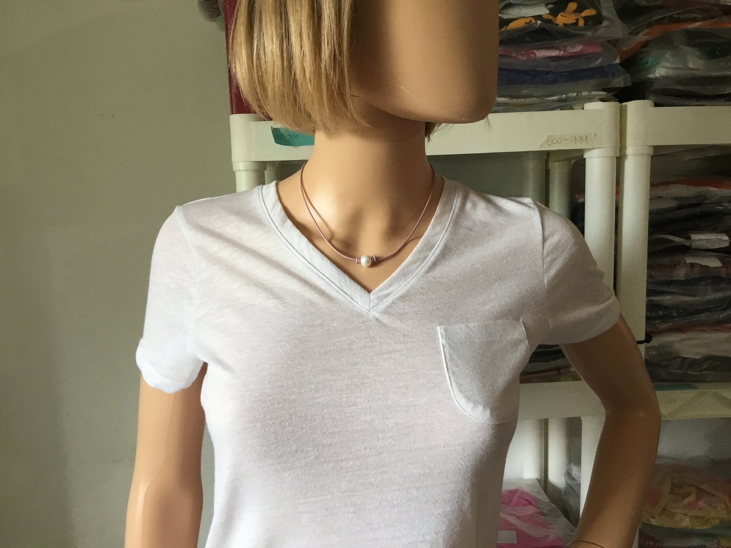 Single White Pearl Necklace, #13 Soft Pink Leather Cord