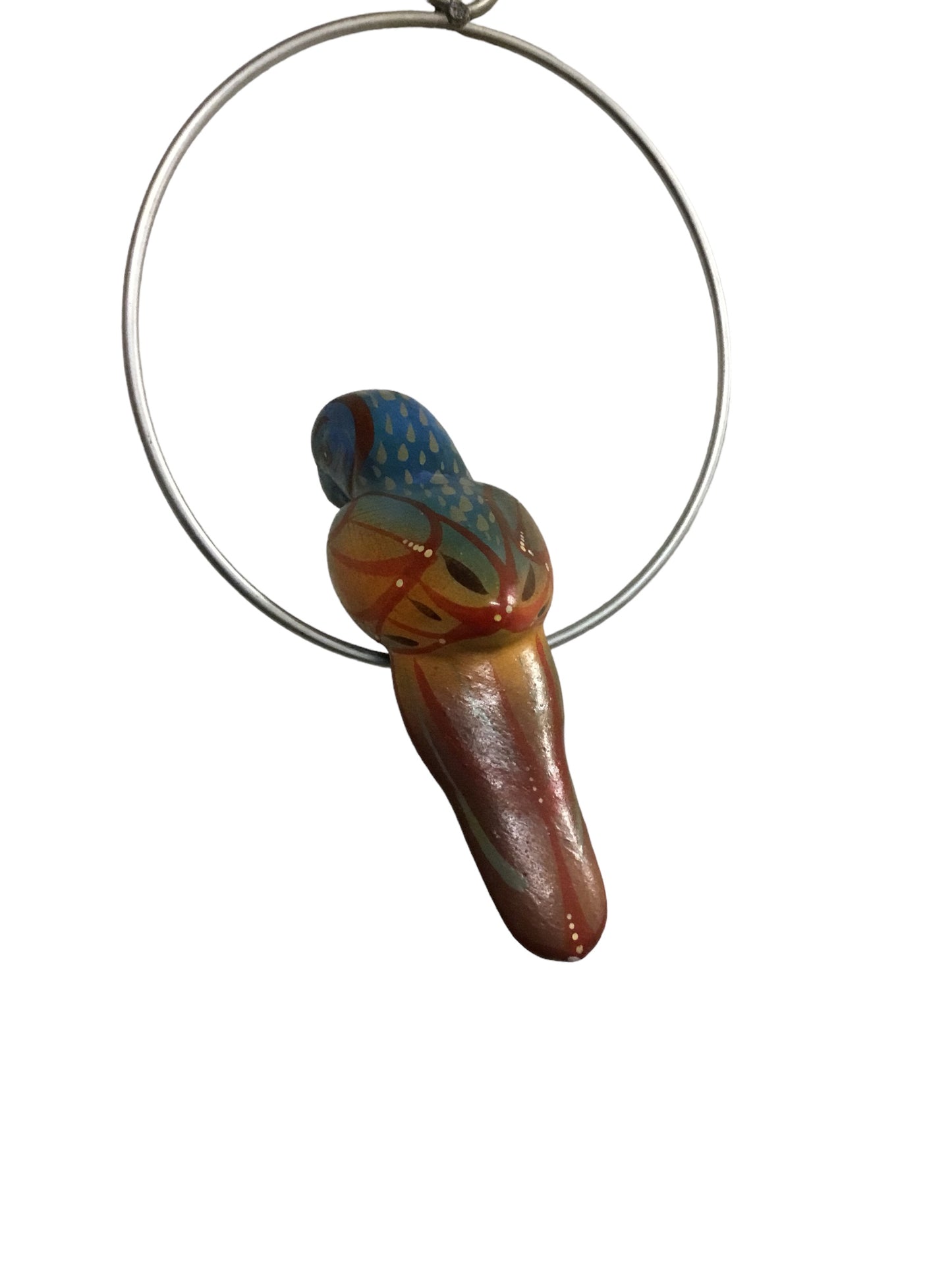Vintage Mexican Folk Art Blue Ceramic Hanging Mini Cockatoo