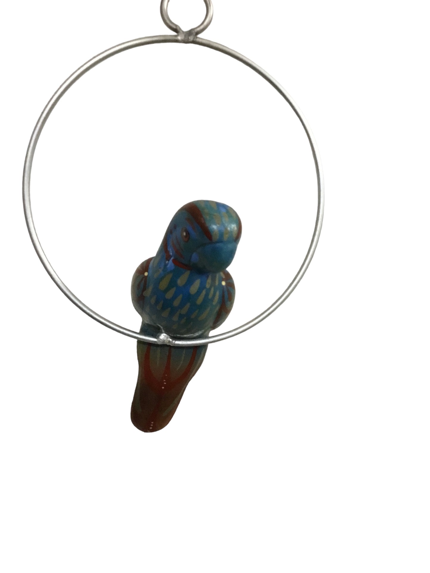 Vintage Mexican Folk Art Blue Ceramic Hanging Mini Cockatoo