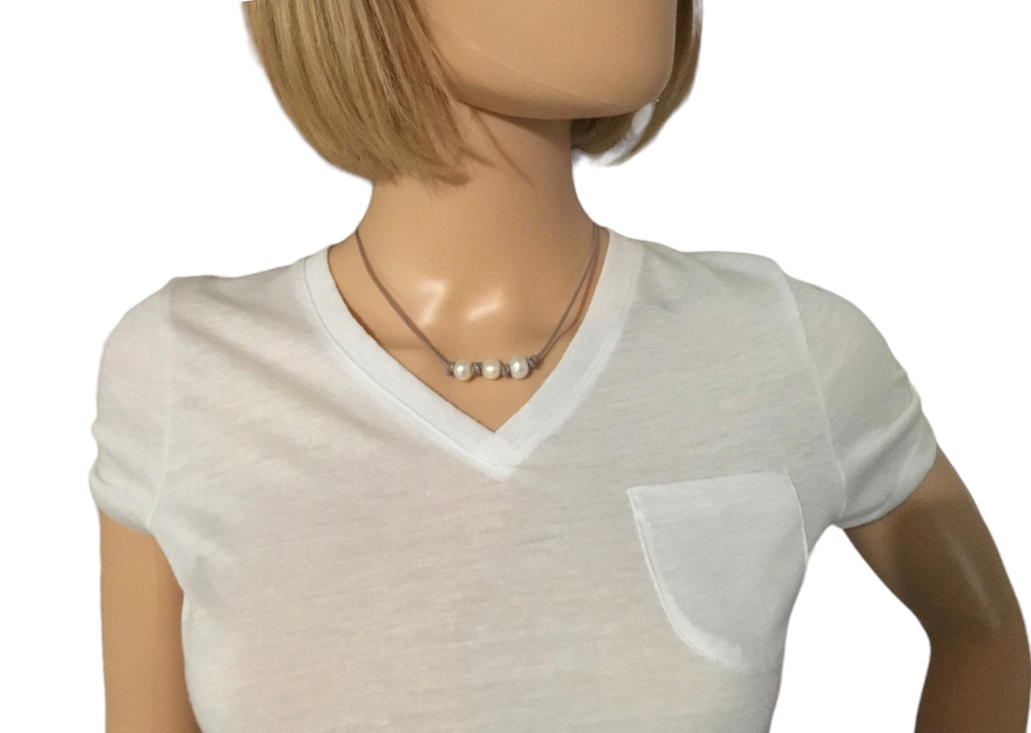 Triple White Pearl Necklace,, #2 Natural Leather Cord