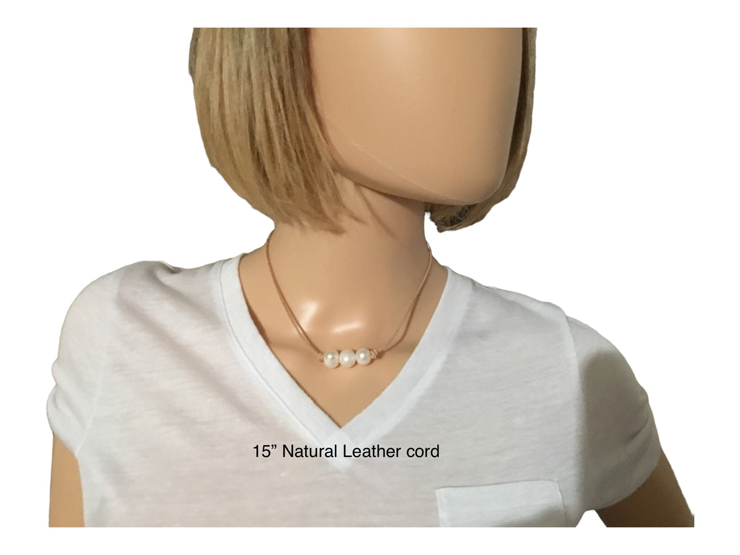 Triple White Pearl Necklace,, #2 Natural Leather Cord