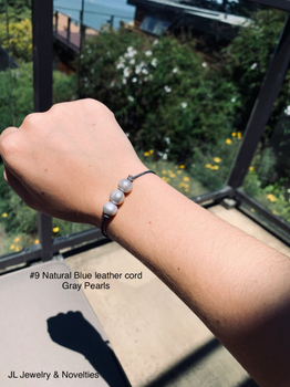 Leather And Triple Gray Pearl Bracelet