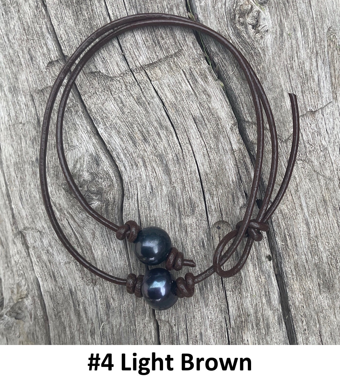 Single Black Pearl Necklace, #4 Light Brown Leather Cord