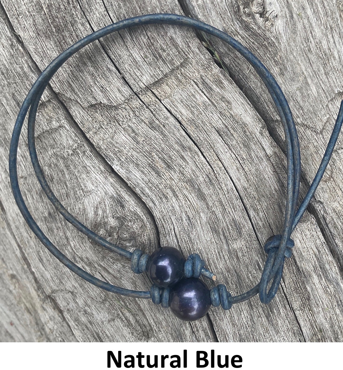 Single Black Pearl Necklace, #9 Natural Blue Leather Cord