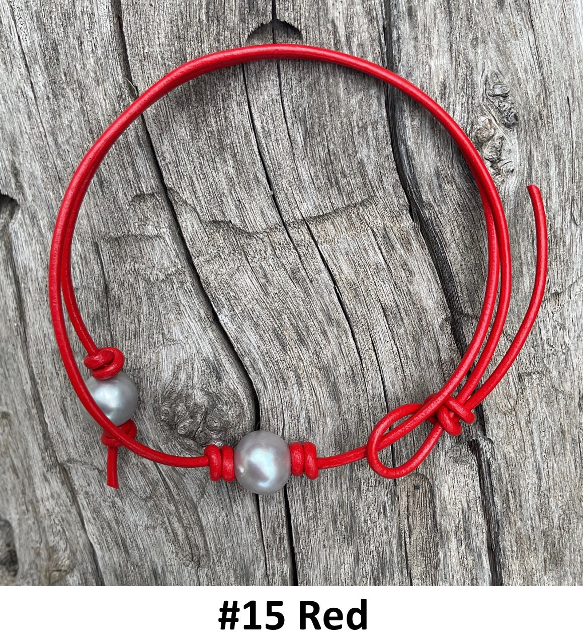 Single Gray Pearl Necklace, #15 Red Leather Cord